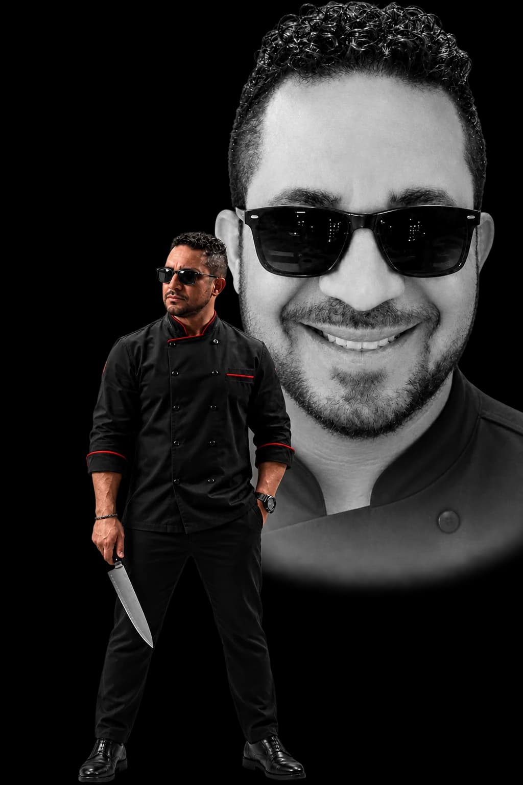 Retrato del chef Roberto Mirón con filipina negra y cuchillo, en blanco y negro
